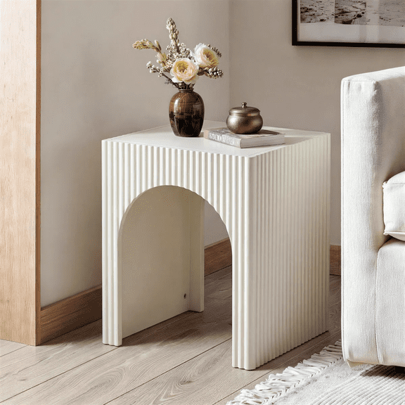SHYFOY 18" Modern Ribbed End Table, White or Black Square Side Table with Arched Curved Base for Living Room, Bedroom & Small Spaces, MDF