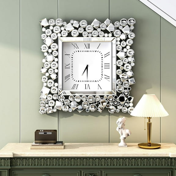 SHYFOY 20" Crystal Wall Clock, Modern Square Mirror Wall Clock with Roman Numerals, Silent Non-Ticking Luxury Wall Decor for Living Room Bedroom Office