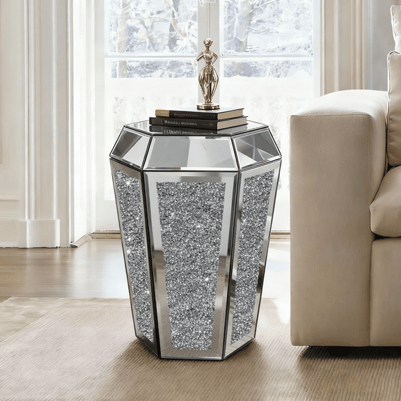 SHYFOY 22" Mirrored End Table with Inlaid Crystal Design, Geometric Accent Side Table for Living Room & Bedroom, 14.17"L x 15.3"W x 22"H