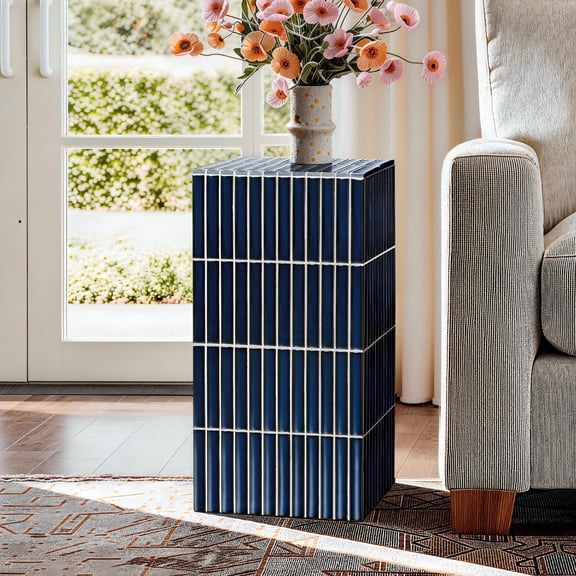 SHYFOY 23.6" Blue Ceramic Tile End Table,Square Grid Pedestal Side Table with MDF Core for Living Room,Bedroom,Entryway
