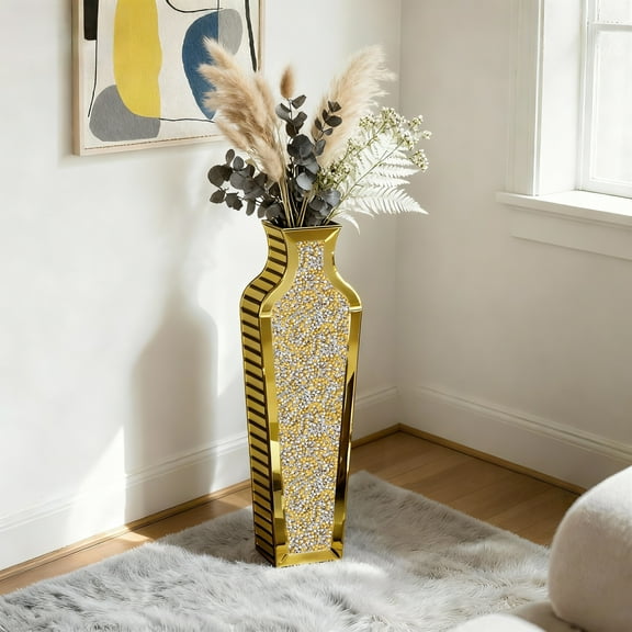 SHYFOY 26.57" Gold Mirrored Floor Vase with Crushed Diamond Accents, Tall Decorative Sparkle Vase for Dried Flowers, Pampas Grass & Modern Glam Home Décor