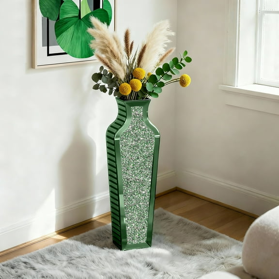 SHYFOY 26.57" Green Mirrored Floor Vase with Crushed Diamond Accents, Tall Decorative Sparkle Vase for Dried Flowers, Pampas Grass & Modern Glam Home Dcor