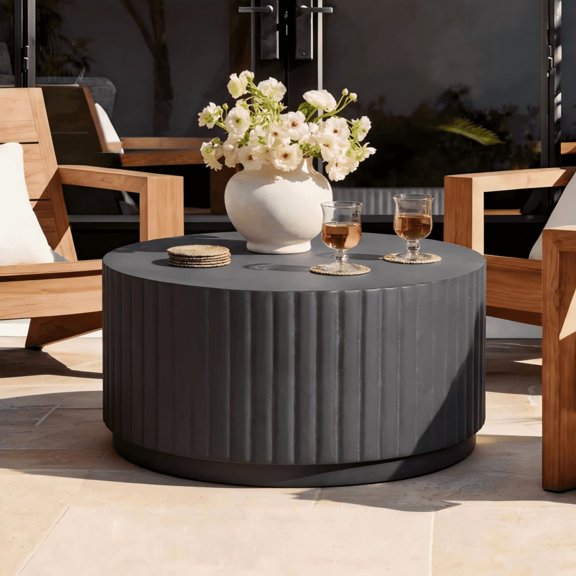 SHYFOY 30" Round Fluted Coffee Table Modern MgO Concrete Center Table with Textured Ribbed Design for Indoor & Outdoor Use Living Room, Patio, Balcony
