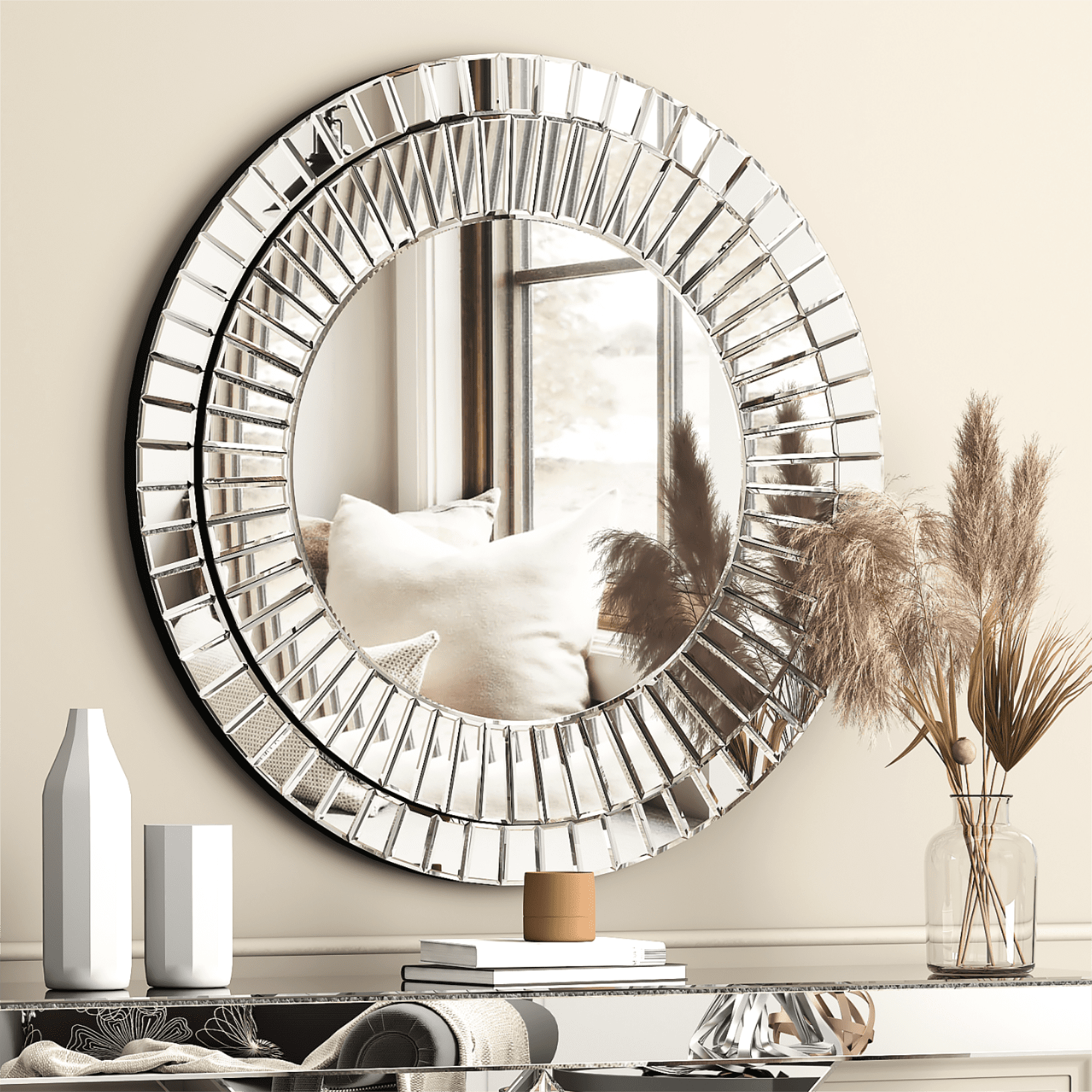 Shyfoy 31 5 Round Wall Mirror Decorative For Living Room Accent Mirrors Glass Beveled Frame Home Decoration Com