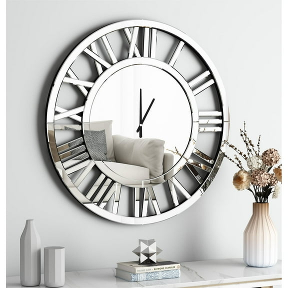 SHYFOY 34"W Round Wall Clock Mirror Glass Oversized Clock for Living Room
