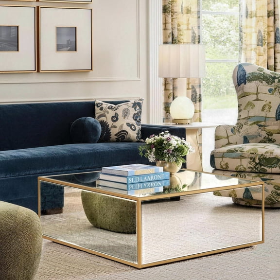 SHYFOY 35.4" Square Antiqued Mirrored Coffee Table, Unique Block Design for Living Room, Silver Glass Center Table