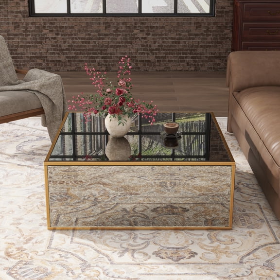 SHYFOY 35.4" Square Antiqued Mirrored Coffee Table, Unique Block Design for Living Room, Silver Glass Center Table