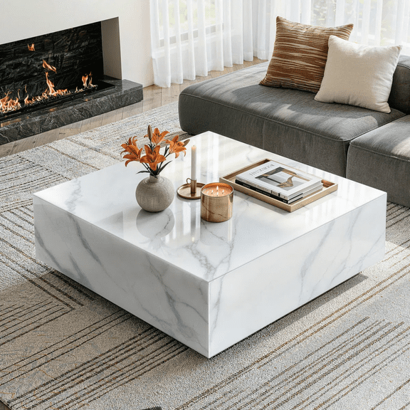SHYFOY 35.4" Square White Coffee Table, Modern Faux Marble Center Table for Living Room