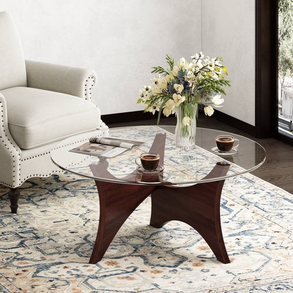 SHYFOY 35.43"W Modern Round Coffee Table Circle Table with Tempered Glass Top for Living Room