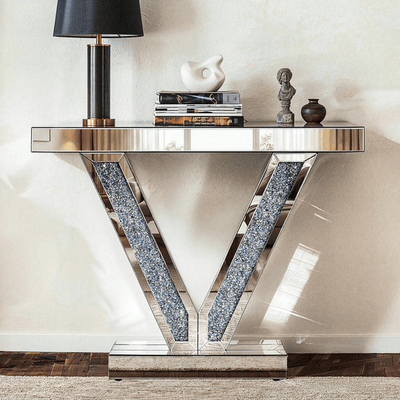 SHYFOY 39" Modern Silver Mirrored Console Table, Glam Entryway Table with Crushed Diamond V-Base for Living Room, Hallway & Foyer Decor, 11.8"D x 39.4"W x 30.3"H