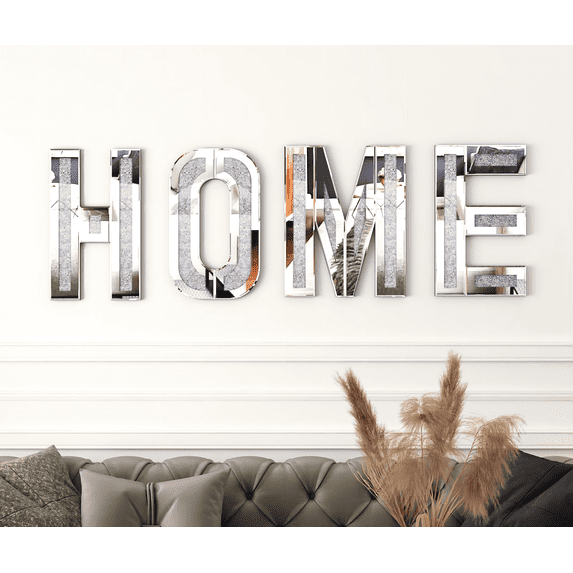 SHYFOY 4 Pcs Home Letter for Wall Decor Mirrored Crushed Diamond Home Decor for Living Room Bedroom