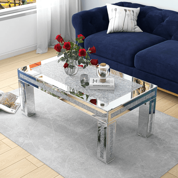 SHYFOY 43.3" Mirrored Coffee Table with Crushed Diamond Inlay, Luxury Rectangular Glass Center Table for Living Room, Silver Glam Cocktail Table with Crystal Accents