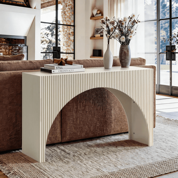 SHYFOY 47.2" Fluted Console Table, Cream White Arched Entryway Table with Ribbed Texture for Hallway, Behind Couch, Living Room