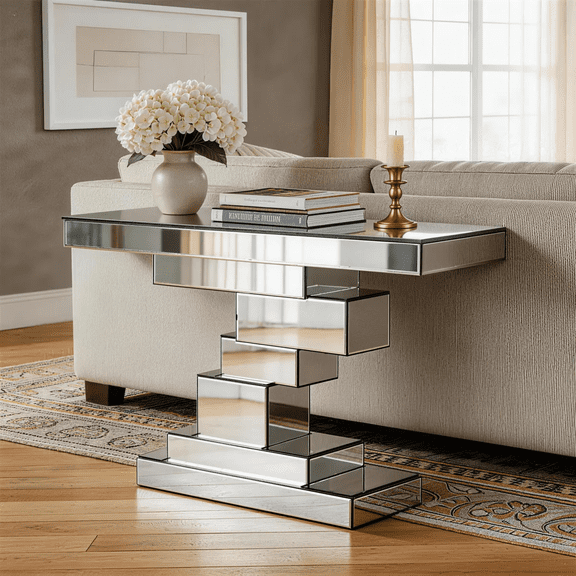 SHYFOY 47" Mirrored Console Table, Modern Glass Tiered Entryway Table for Hallway, Behind Sofa, Living Room