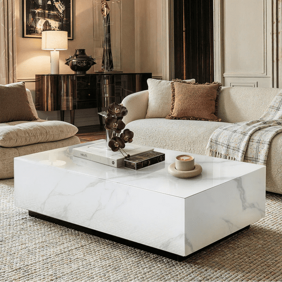 SHYFOY 47" Modern White Coffee Table, Faux Marble Rectangular Center Table for Living Room