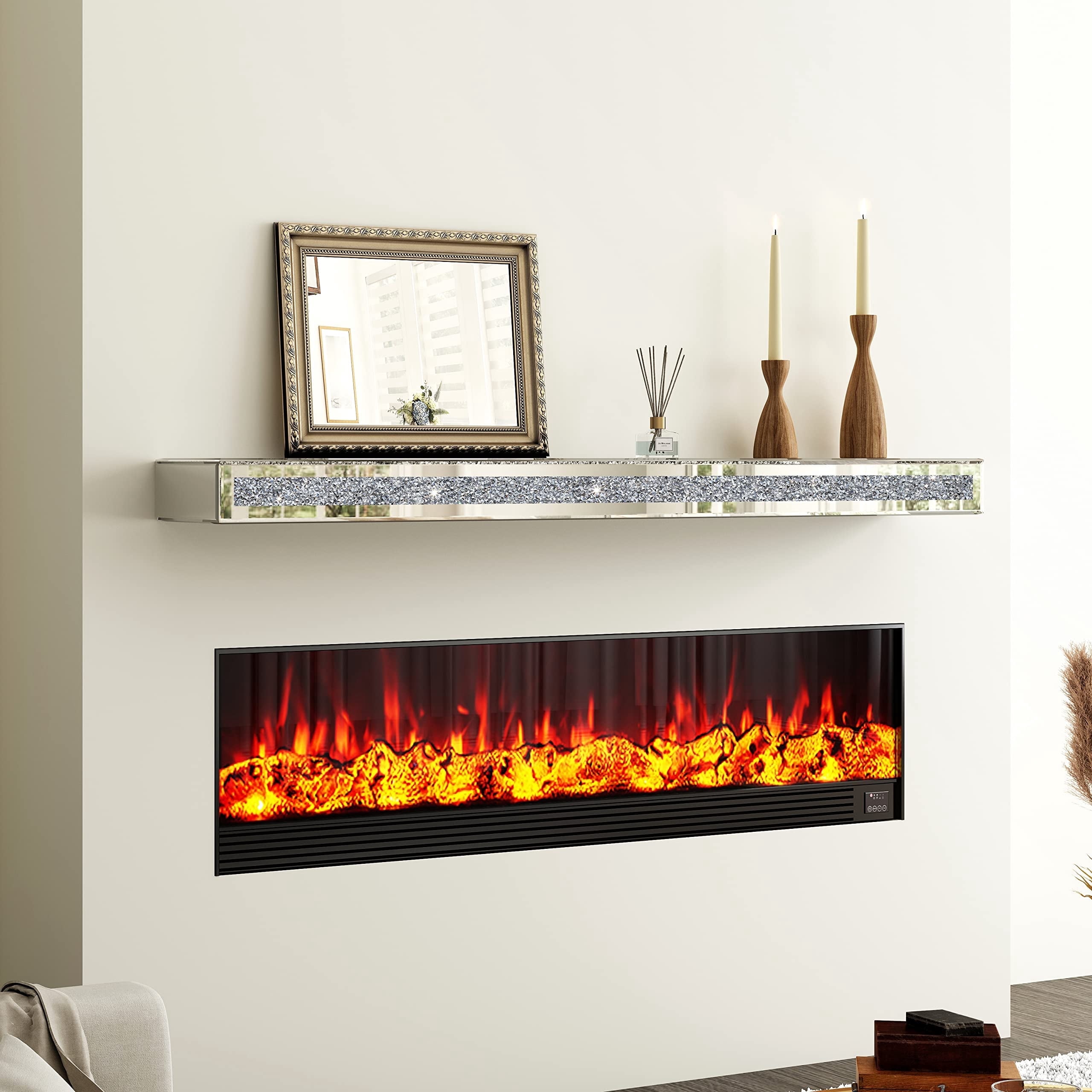 SHYFOY 48" Fireplace Mantel Mirrored Floating Shelf with Faux Diamond Inlay Accent Shelf for Wall Decor