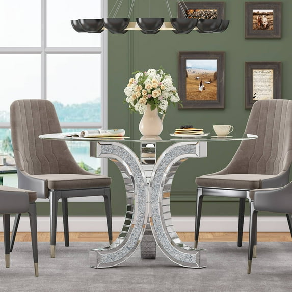 SHYFOY Modern Glass Rhinestone C-Shape Base Dinner Table, Multicolor