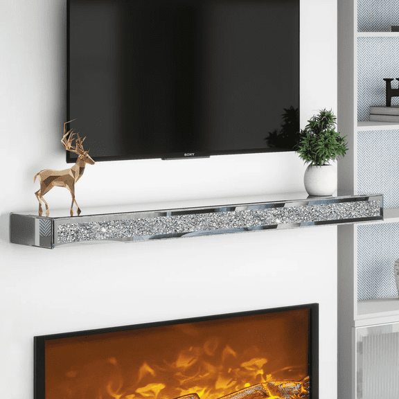 SHYFOY 60" Mirrored Floating Fireplace Mantel Glass Shelf with Crushed Diamond Crystal Accents for Wall Mounted Fireplace Decor, Silver