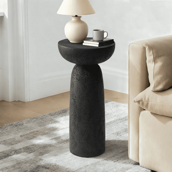 SHYFOY Black Cylinder Sandstone Side Table, 24" Tall Modern Textured Accent Table for Living Room, Bedroom, or Patio