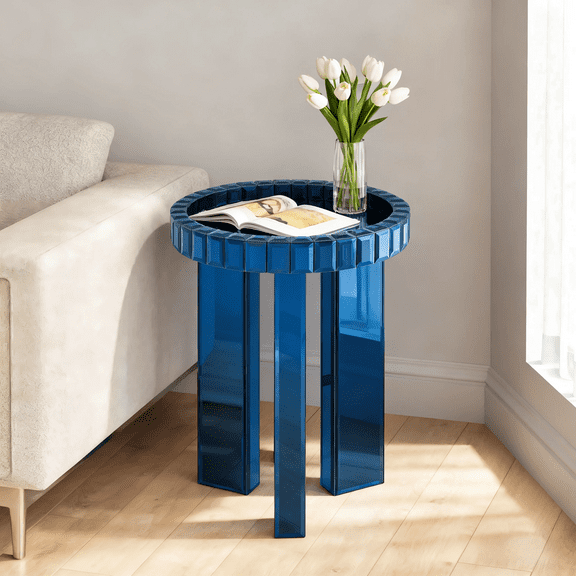 SHYFOY Blue Mirrored End Table, 23" Round Side Table with Glass Top and 3-Leg Base, Modern Mirrored Accent Table for Living Room, Bedroom, Small Spaces & Entryway