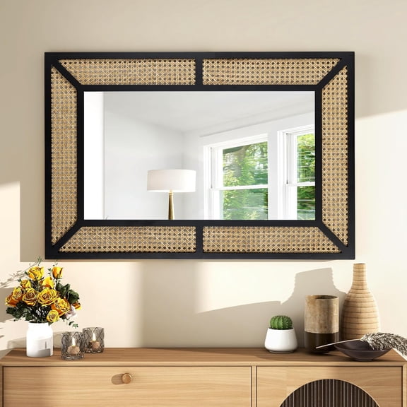 SHYFOY Boho Rattan Wall Mirror Modern Decorative Rectangle Mirror for Living Room Home Decor