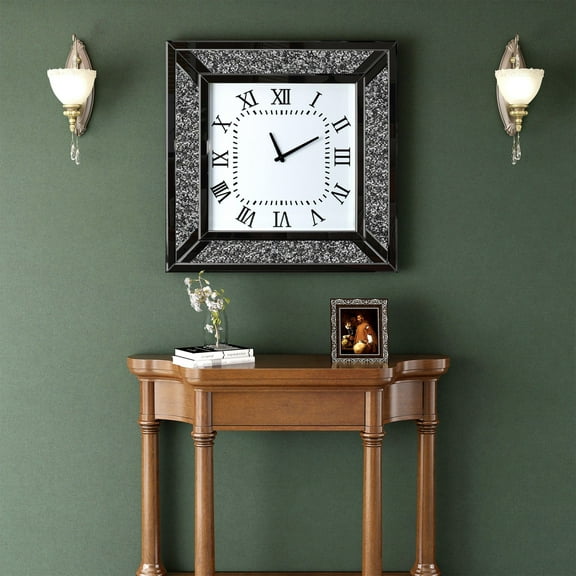 SHYFOY Crushed Diamond Mirrored Square Wall Clock with Sparkle Bling Decor for Wall Decoration