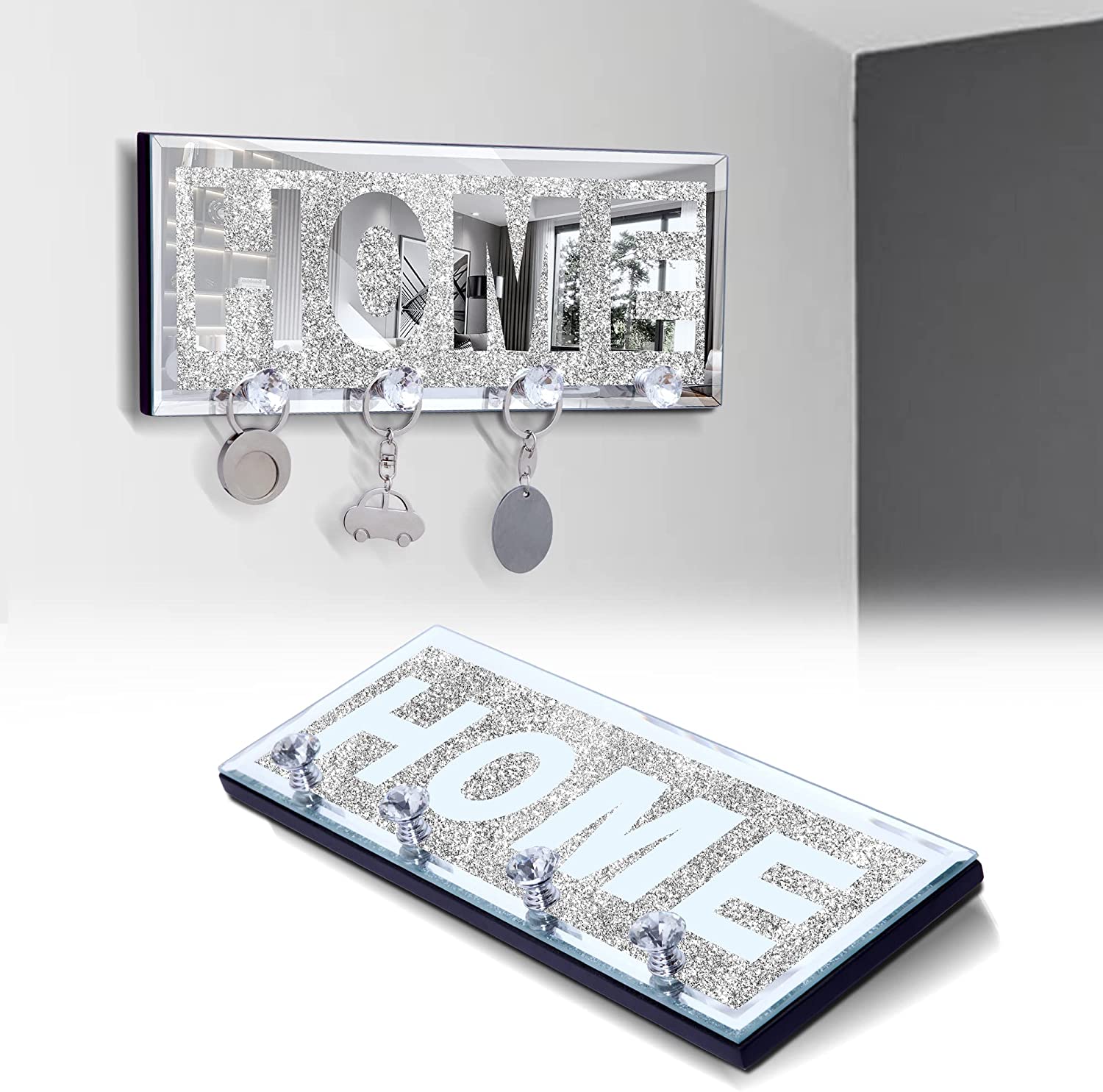 SHYFOY Crystal Clear Hooks Key Holder Silver Mirror LOVE Decoration SHYFOY Crystal Clear Hooks Key Holder Silver Mirror LOVE Decoration