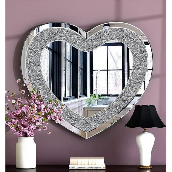 SHYFOY Crystal Crush Diamond Heart Shaped Silver Mirror for Wall Decoration