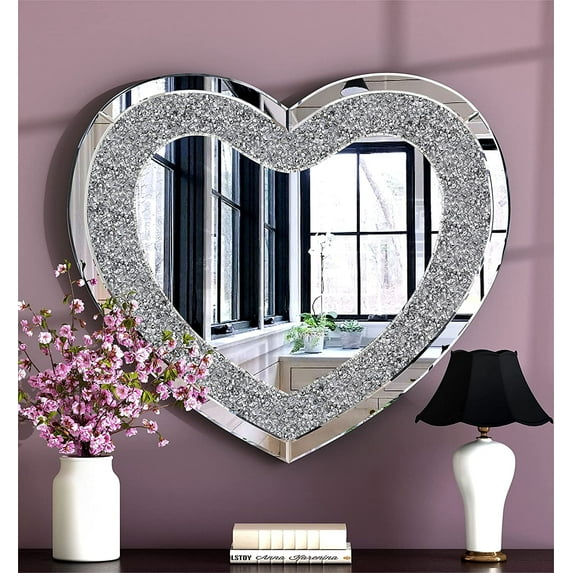 SHYFOY Crystal Crush Diamond Heart Shaped Silver Mirror for Wall Decoration