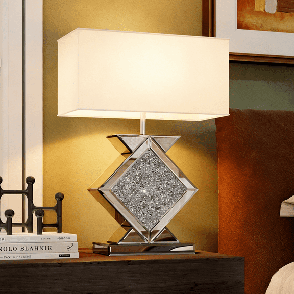 SHYFOY Crystal Crushed Diamond Mirrored Table Lamp, 23.6" Silver Glass Bedside Lamp with Linen Shade, 3-Way Dimmable Modern Glam Nightstand Lamp for Bedroom, Living Room & Office