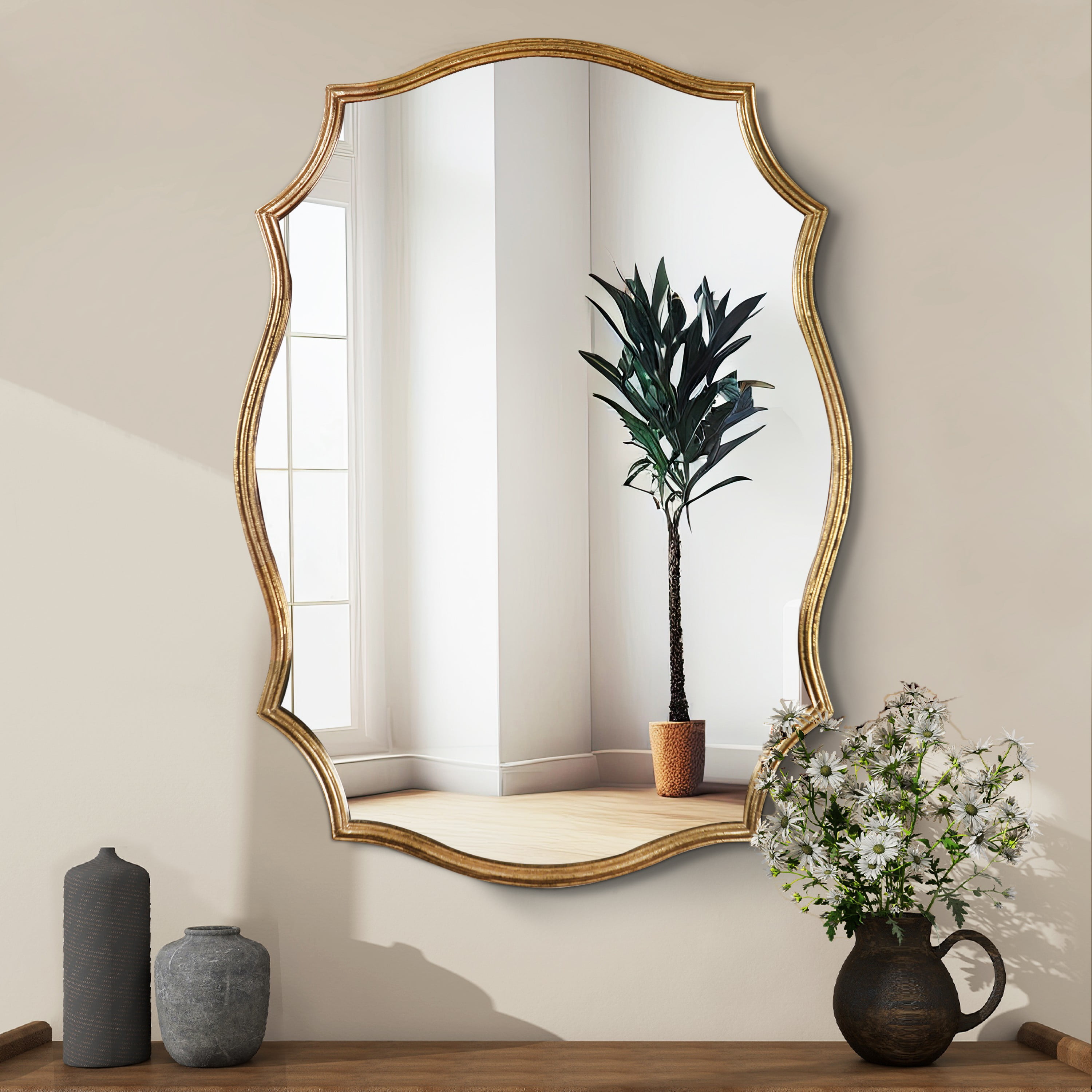SHYFOY Curved Wall Mirror with Antique Gold Frame Accent Mirror for