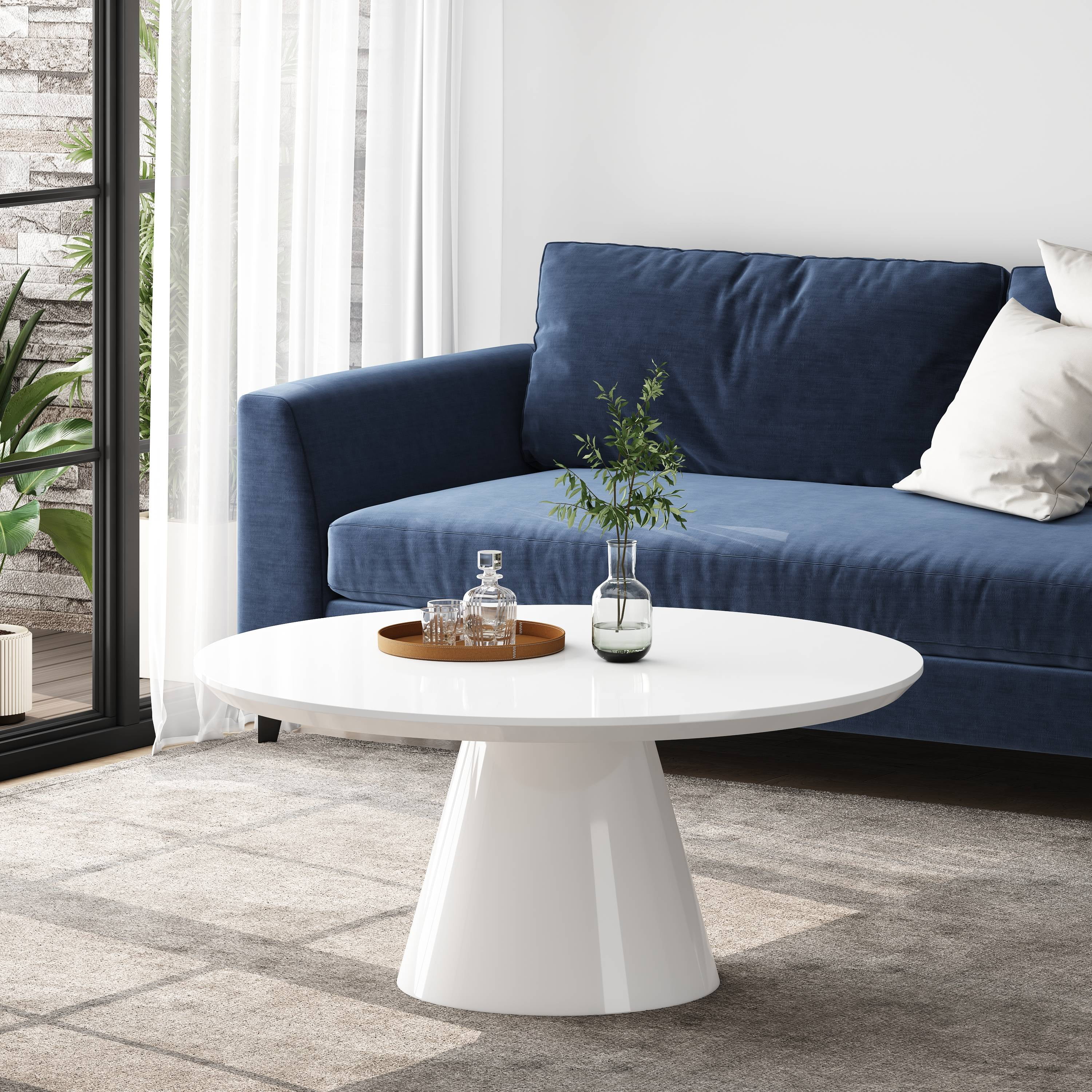 SHYFOY Design Modern Round High Glossy Wood Coffee Table with Pedestal ...