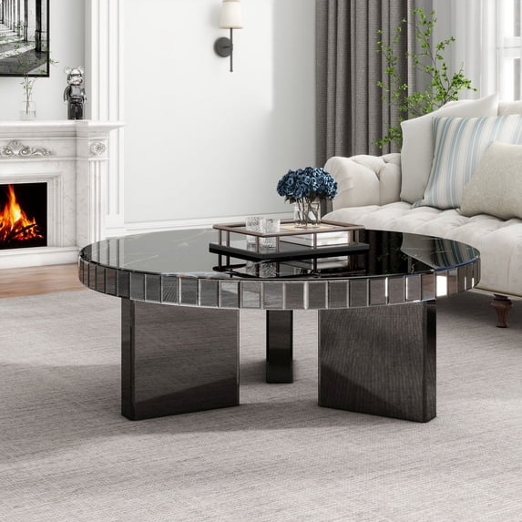 SHYFOY Design Modern Round Mirrored Glass Marble Textured Coffee Table with 3 Legs,Gray/Black