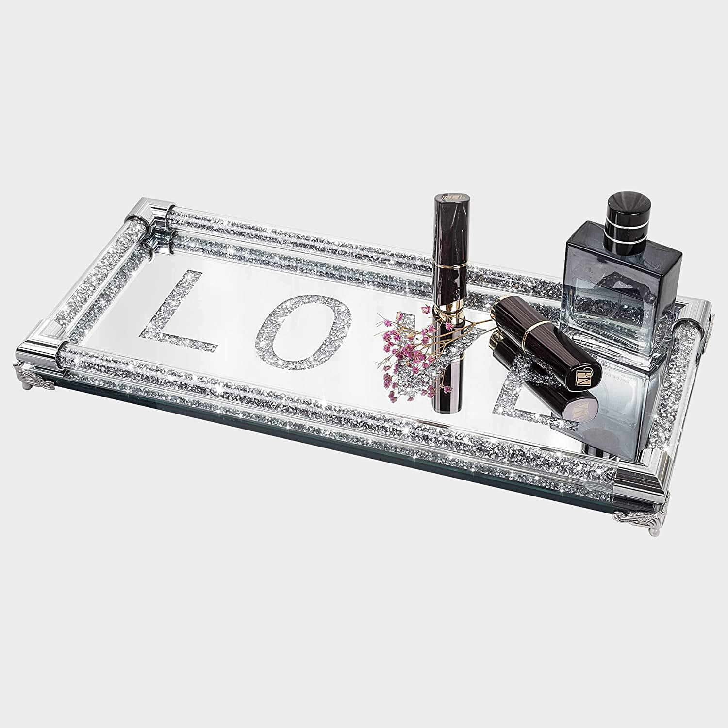 SHYFOY Dresser Perfume Tray LOVE Sign Mirrored Crushed Diamond, Glass