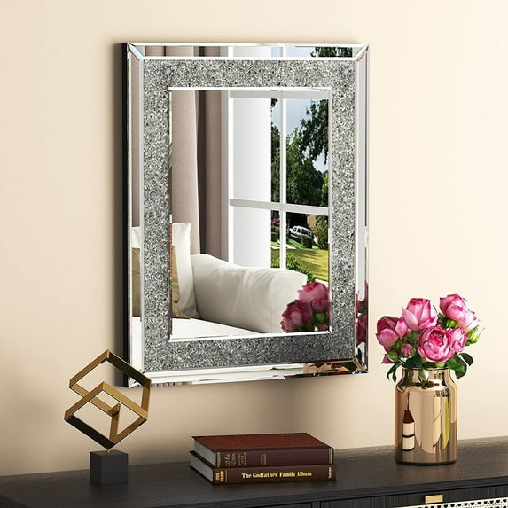 SHYFOY Glam Crystal Accent Wall Mirror Sparkly Silver Mirror 20" x 16"