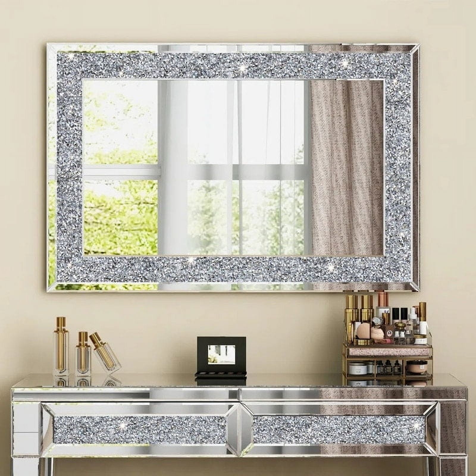 Glam Silver Crystal Accent Vanity Wall Mirror