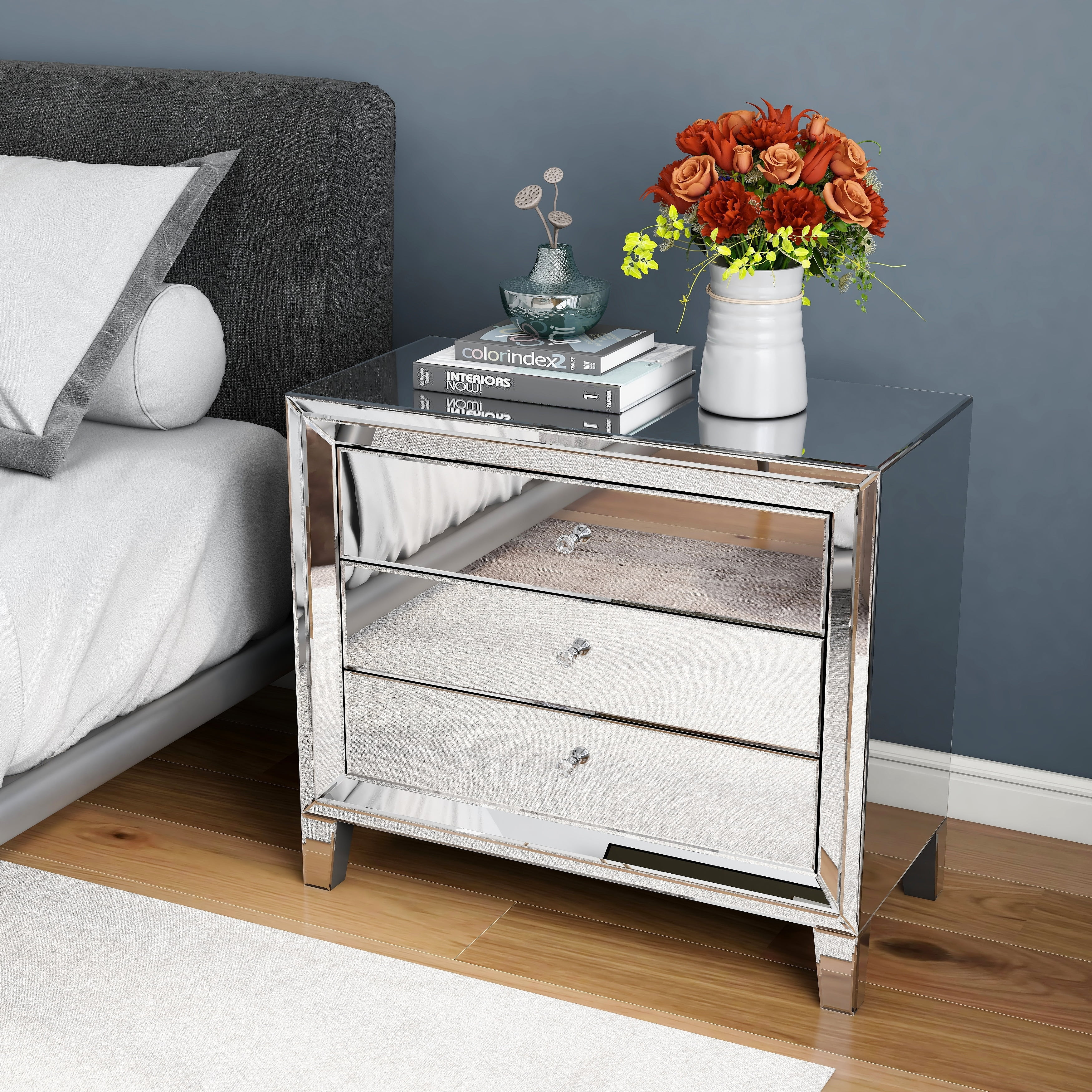 Silver Mirrored 3-Drawer Nightstand with Crystal Knobs