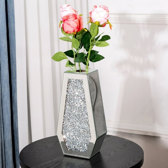 SHYFOY Glam Mirrored Vase with Crushed Diamond Accents Modern Luxury Decorative Centerpiece