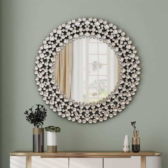 SHYFOY Jeweled Accent Wall Mirror 33.85 Inches Round Sparkly Decorative Mirrors for Wall Decor