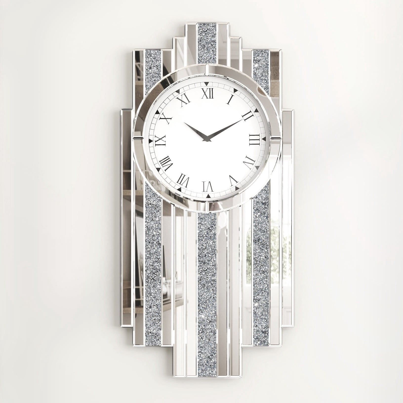 SHYFOY Luxury Art Deco Mirrored Wall Clock with Crushed Diamond Inlay Silver Glass Accent for Living Room