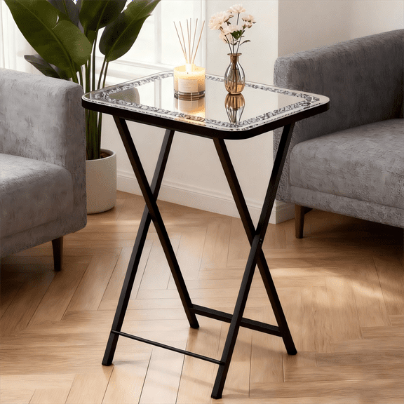 SHYFOY Luxury Foldable End Table - Mirror Art & Crushed Diamond Design Side Table Portable Accent Table with Tempered Glass Top