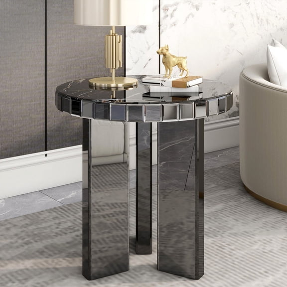 SHYFOY Modern Round End Table Marble Top Glass Accent Side Table  for Living Room