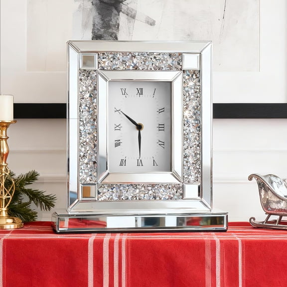 SHYFOY Mirrored Desk Clock, Decorative Table Clocks with Crushed Diamond 13.2x11.8 Luxury Rectangular Crystal Clock with Glass Beveled, Non-Ticking Silver Clocks for Living Room Office Tabletop