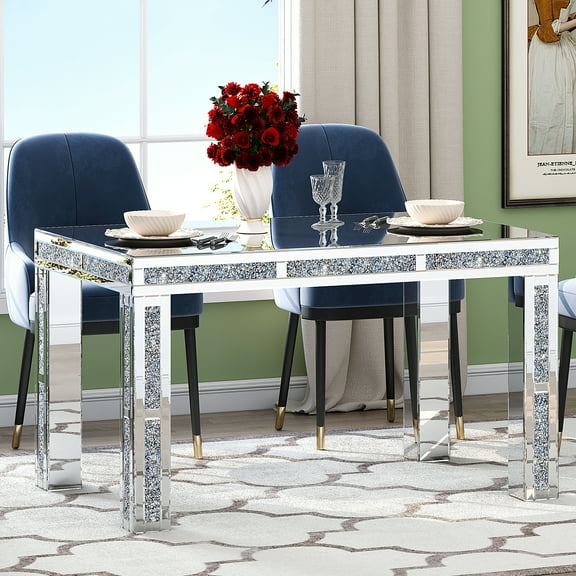 SHYFOY Mirrored Dining Table, 51.18" Silver Glass Top Table with 4 Sturdy Legs and Crushed Diamond Inlay, Modern Glam Dining Room Accent Furniture.