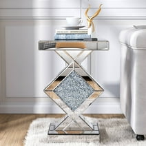 SHYFOY Mirrored End Table with Crushed Crystals Inlay, Sofa Table Modern Side Table Silver Accent Table for Living Room