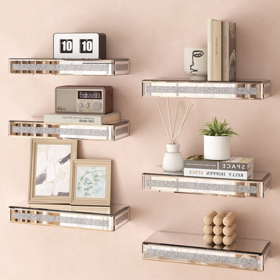 SHYFOY Mirrored Floating Shelves for Wall Decor Storage, Glitter Glass Wall Mounted Shelves for Bedroom, Living Room, Bathroom, Kitchen, Office and More, Set of 6, Silver