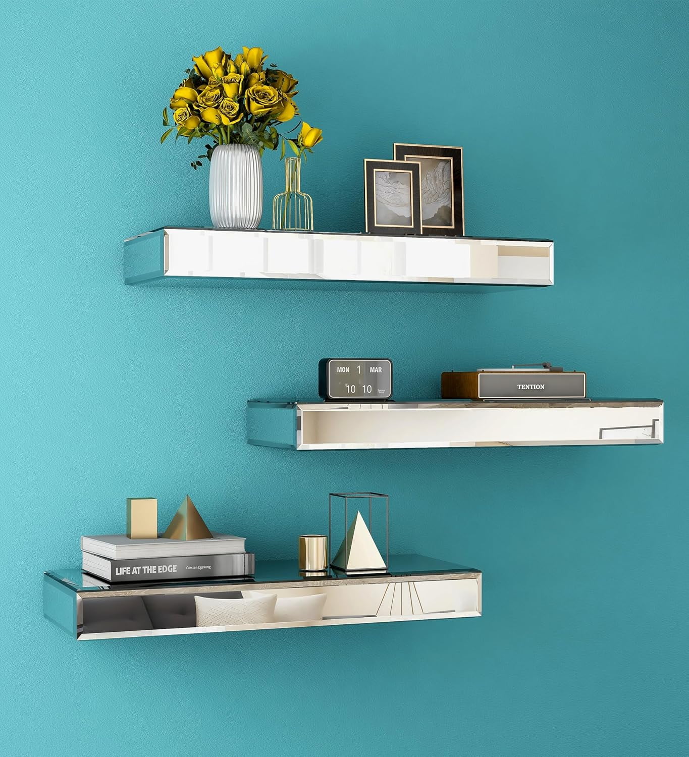 SHYFOY Mirrored Floating Shelves for Wall Set of 3 Glass Wall Shelves
