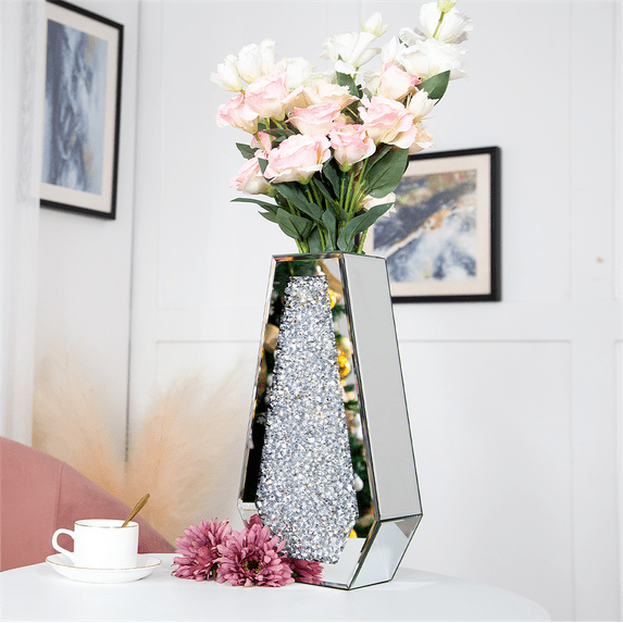 SHYFOY Mirrored Flowers Vase- Crushed Diamond Glass Vase, Vases for Centerpieces Home Decor, 15 inch Tall
