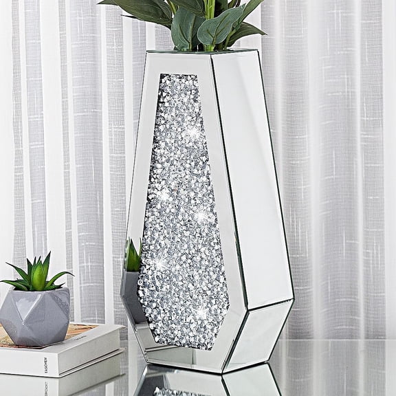 SHYFOY Mirrored Flowers Vase- Crushed Diamond Glass Vase, Vases for Centerpieces Home Decor, 15 inch Tall