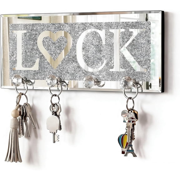 SHYFOY Mirrored Key Holder Wall with Crystal Hooks, Decorative Silver LOVE Key Hanger for Entryway, Sparkly Mirror Wall Art Plaque, 11.81" x 4.72"